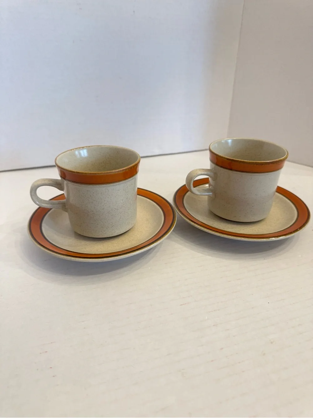 2 Sets of Sears Sahara Orange Flat Cup & Saucer Discontinued Stoneware Japan